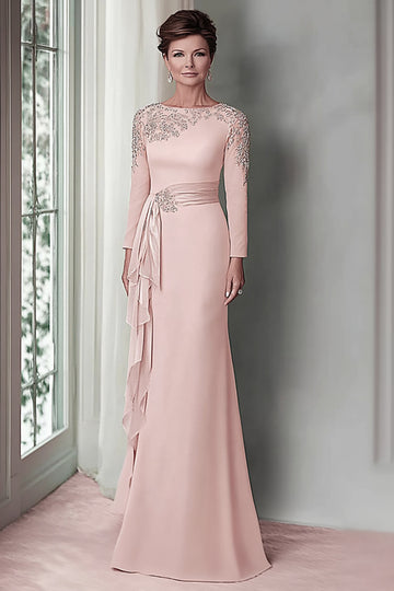Blush Appliqued Long Sleeve Sheath Mother Of The Bride Dress with Sash